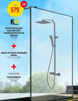 Brico Douchekolom square met thermostatische kraan + walk-in douchewand enna + douchebak aanbieding