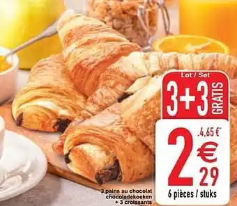 3 pains au chocolat chocoladekoeken + 3 croissants