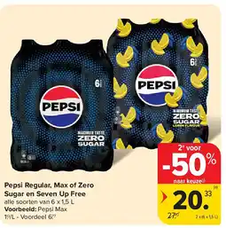 Carrefour Pepsi Regular, Max of Zero Sugar en Seven Up Free aanbieding