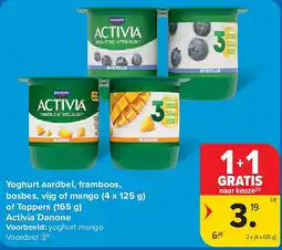 Carrefour Yoghurt aardbei, framboos, bosbes, vijg of mango (4 x 125 g) of Toppers (165 g) Activia Danone aanbieding