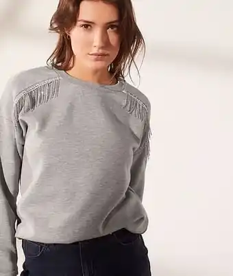 Sweater met franjes en strass - L - GEMÊLEERD GRIJS - Etam