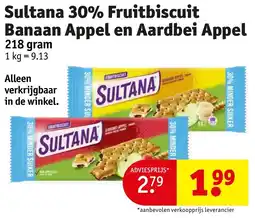Kruidvat Sultana 30% Fruitbiscuit Banaan Appel en Aardbei Appel aanbieding