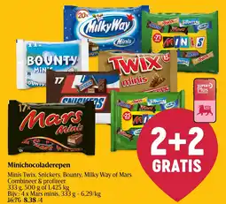 Delhaize Minichocoladerepen Minis Twix, Snickers, Bounty, Milky Way of Mars aanbieding