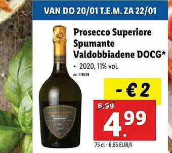 Lidl Prosecco Superiore Spumante Valdobbiadene Docg aanbieding