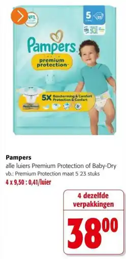Colruyt Pampers alle luiers Premium Protection of Baby-Dry aanbieding