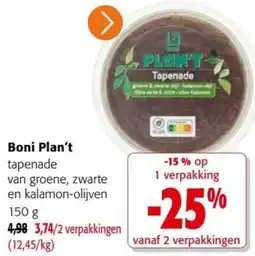 Colruyt Boni Plan't tapenade van groene, zwarte en kalamon-olijven aanbieding