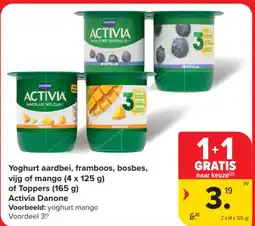 Carrefour Market Activia Danone Yoghurt aardbei, framboos, bosbes, vijg of mango of toppers aanbieding