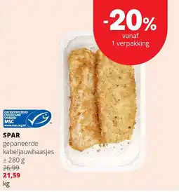Spar SPAR gepaneerde kabeljauwhaasjes ± 280 g aanbieding