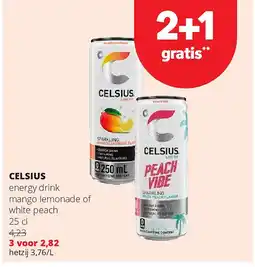 Spar CELSIUS energy drink mango lemonade of white peach 25 cl aanbieding