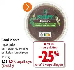 Colruyt Boni Plan’t tapenade van groene, zwarte en kalamon-olijven 150 g aanbieding