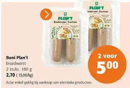 Colruyt Boni Plan’t braadworst 2 stuks 180 g aanbieding
