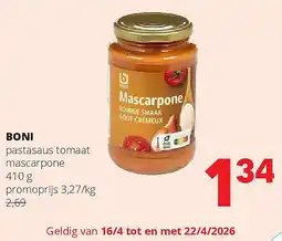 Spar BONI pastasaus tomaat mascarpone 410 g aanbieding
