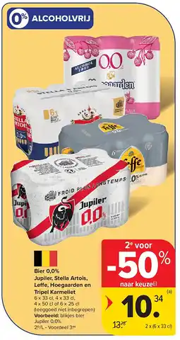 Carrefour Bier 0,0% Jupiler, Stella Artois, Leffe, Hoegaarden en Tripel Karmeliet aanbieding
