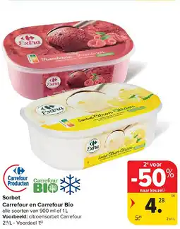 Carrefour Sorbet Carrefour en Carrefour Bio aanbieding