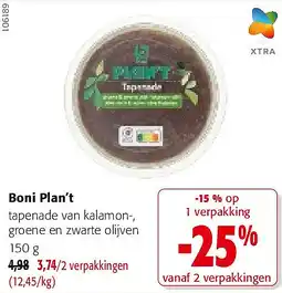 Colruyt Boni Plan’t tapenade van kalamon-, groene en zwarte olijven 150 g aanbieding