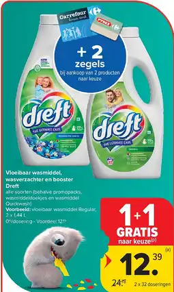 Carrefour Vloeibaar wasmiddel, wasverzachter en booster Dreft aanbieding