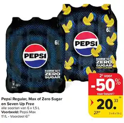 Carrefour Pepsi Regular, Max of Zero Sugar en Seven Up Free aanbieding
