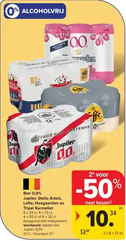 Carrefour Market Bier 0,0% Jupiler, Stella Artois, Leffe, Hoegaarden en Tripel Karmeliet aanbieding