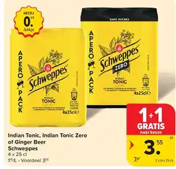 Carrefour Indian Tonic, Indian Tonic Zero of Ginger Beer Schweppes aanbieding