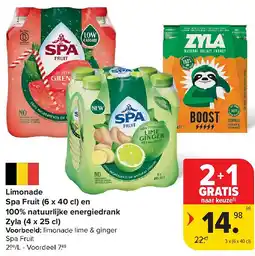 Carrefour Limonade Spa Fruit (6 x 40 cl) en 100% natuurlijke energiedrank Zyla (4 x 25 cl) aanbieding