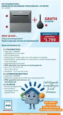 Zelfbouwmarkt SET THUISBATTERIJ ANKER SOLIX SOLARBANK 3 PRO 5400 WH + P1 METER aanbieding