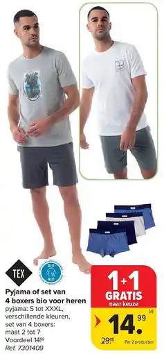 Carrefour Pyjama of set van 4 boxers bio voor heren aanbieding