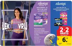 Carrefour Bescherming tegen urineverlies Always Discreet en maandverband Always Platinum, Cotton en Night aanbieding