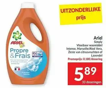 Intermarché Ariel simply vloeibaar wasmiddel intense marseille-aloë vera zeste van citrusvruchten of lavendel aanbieding