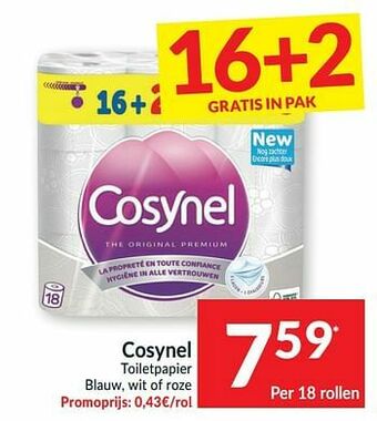 Intermarché Cosynel toiletpapier blauw wit of roze aanbieding