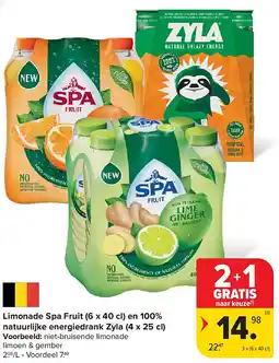 Carrefour Limonade Spa Fruit (6 x 40 cl) en 100% natuurlijke energiedrank Zyla (4 x 25 cl) aanbieding