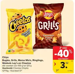 Carrefour Chips Bugles, Grills, Mama Mia’s, Ringlings, Wokkels Lay’s en Cheetos aanbieding