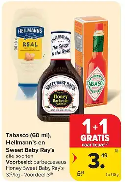 Carrefour Tabasco (60 ml), Hellmann’s en Sweet Baby Ray’s aanbieding