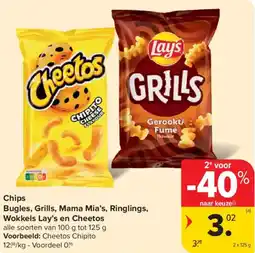 Carrefour Market Chips Bugles, Grills, Mama Mia's, Ringlings, Wokkels Lay's en Cheetos aanbieding