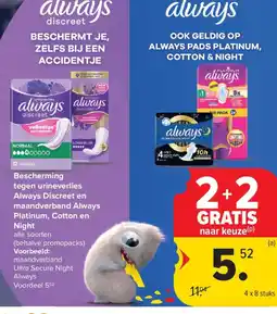 Carrefour Market Bescherming tegen urineverlies Always Discreet en maandverband Always Platinum, Cotton en Night aanbieding