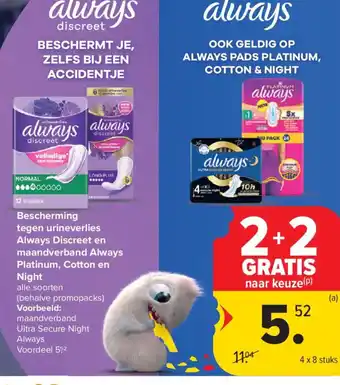Bescherming tegen urineverlies Always Discreet en maandverband Always Platinum, Cotton en Night
