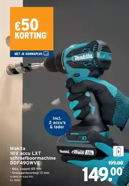 GAMMA Makita 18V accu LXT schroefboormachine DDF490WVE aanbieding