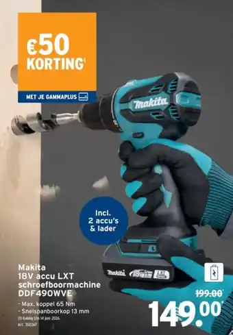 GAMMA Makita 18V accu LXT schroefboormachine DDF490WVE aanbieding