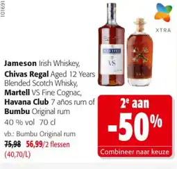 Colruyt Jameson Irish Whiskey, Chivas Regal, Martell VS Fine Cognac, Havana Club 7 of Bumbu Original rum aanbieding