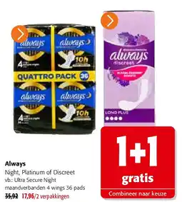 Colruyt Always Ultra Secure Night maandverbanden 4 wings 36 pads aanbieding
