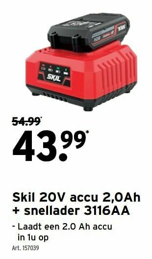 GAMMA Skil 20v accu 2,0ah + snellader 3116aa aanbieding