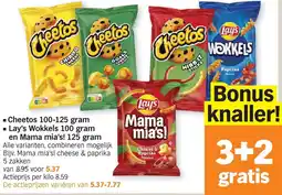 Albert Heijn Cheetos 100-125 gram lay's wokkels 100 gram en mama mia's! 125 gram aanbieding