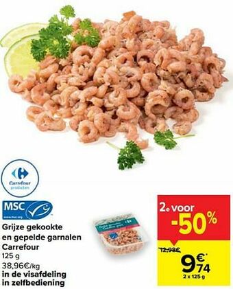 Carrefour Grijze gekookte en gepelde garnalen carrefour aanbieding