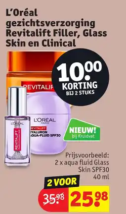 Kruidvat L'Oréal gezichtsverzorging Revitalift Filler, Glass Skin en Clinical aanbieding