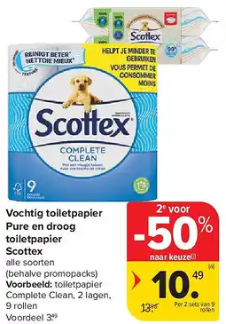 Carrefour Vochtig toiletpapier Pure en droog toiletpapier Scottex aanbieding