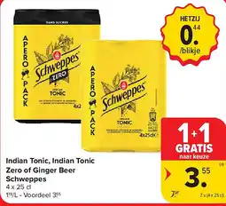 Carrefour Indian Tonic, Indian Tonic Zero of Ginger Beer Schweppes aanbieding