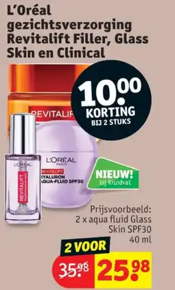 Kruidvat L’Oréal gezichtsverzorging Revitalift Filler, Glass Skin en Clinical aanbieding