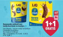 Delhaize Bananenijs omhuld met melkchocolade en koekjes liq chiquita op een stokje of bonbons aanbieding