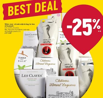 Delhaize Witte, rose- of rode wijn in bag-in--box of in pouch aanbieding