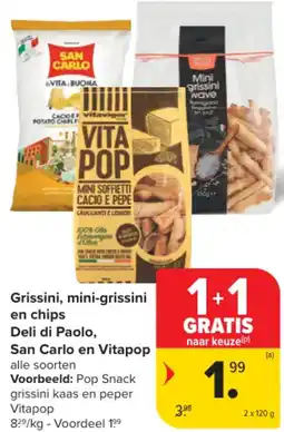 Carrefour Grissini, mini-grissini en chips Deli di Paolo, San Carlo en Vitapop aanbieding