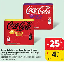 Carrefour Coca-cola lemon zero sugar, cherry, cherry zero sugar en vanilla zero sugar aanbieding